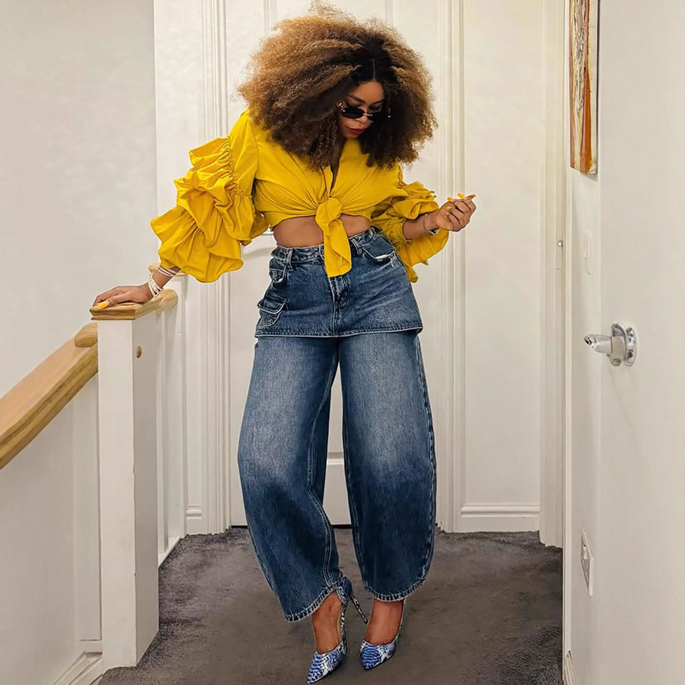 European and american style fake skirt jeans  cross-border women's clothing fashionstylishpatchwork high waist short skirt straight-legpants