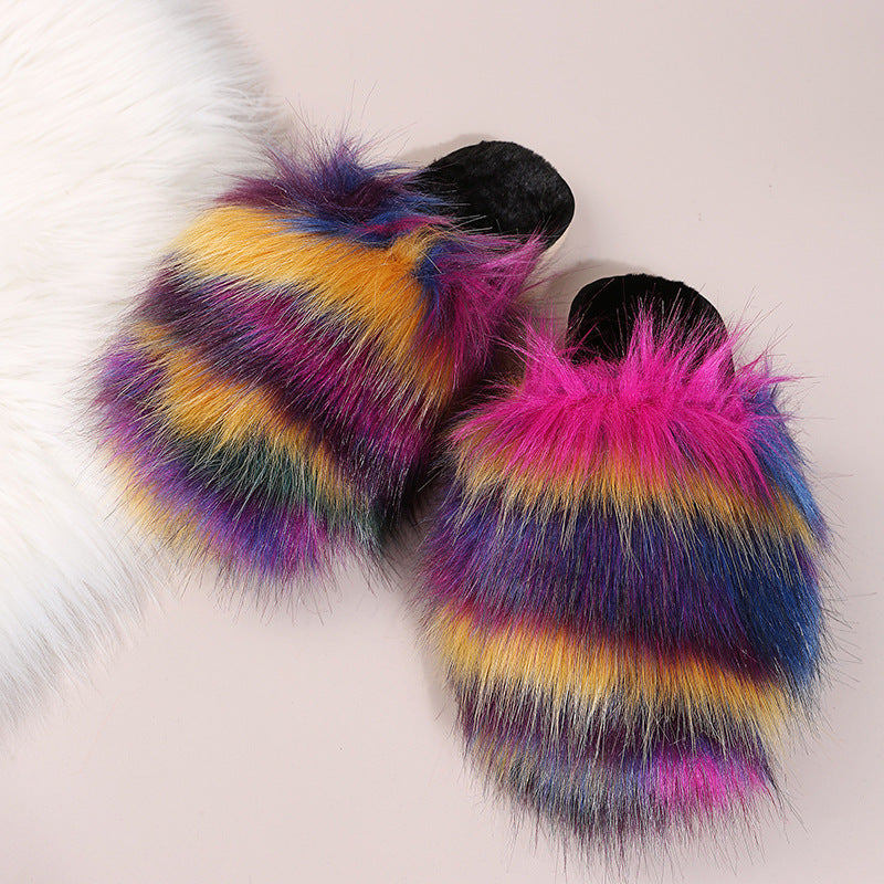 imitation fox fur slippers for women outwear2024fall and winternew arrivalcolor matchingheattech slippers flats toe-cap indoor slippers