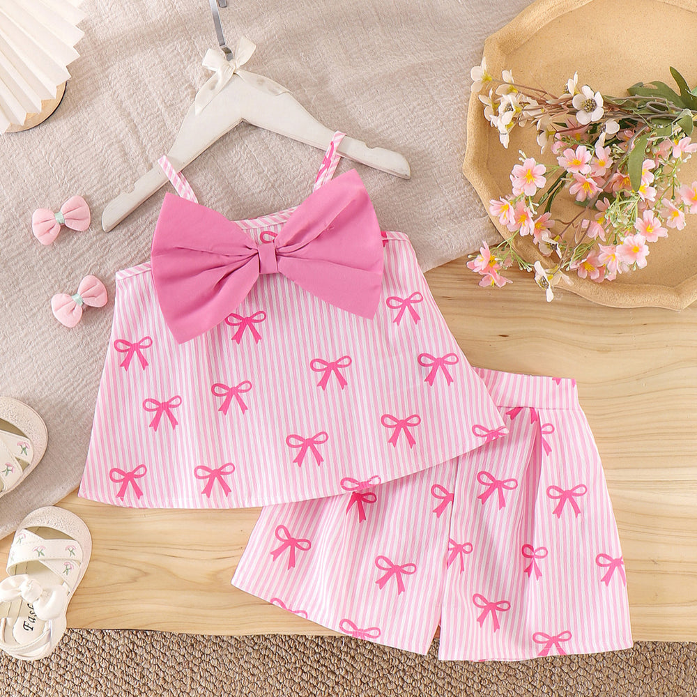 Girls' bowknot striped outfit - pink suspender shorts two-piece set - sweet summer outfit for baby girls