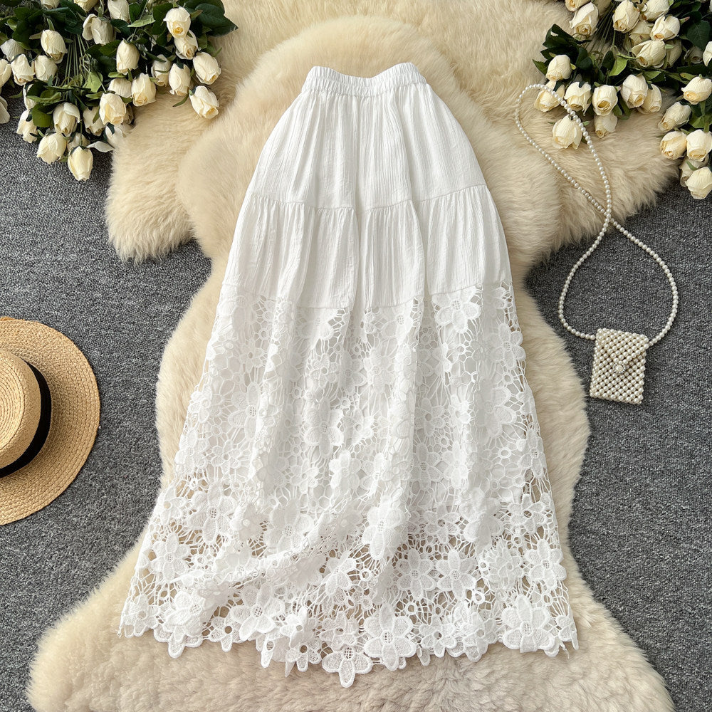 spring new arrivallacepatchwork a-line skirt women's cut outhigh waist cake skirt easiest for match mid-length skirt