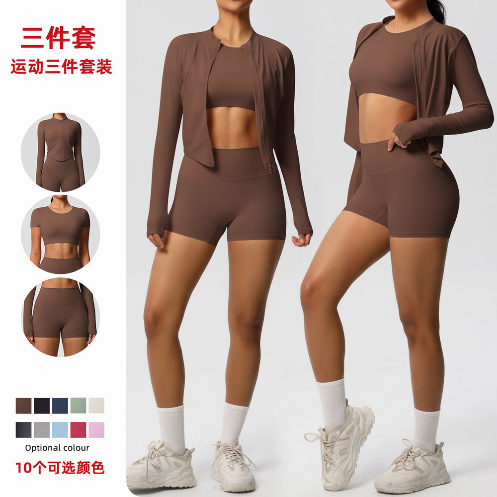 New arrival cross-border brushed tight-fitting fitness wear, nude-feeling quick-drying sports shorts suitslimming look yoga wear three-piece set for women