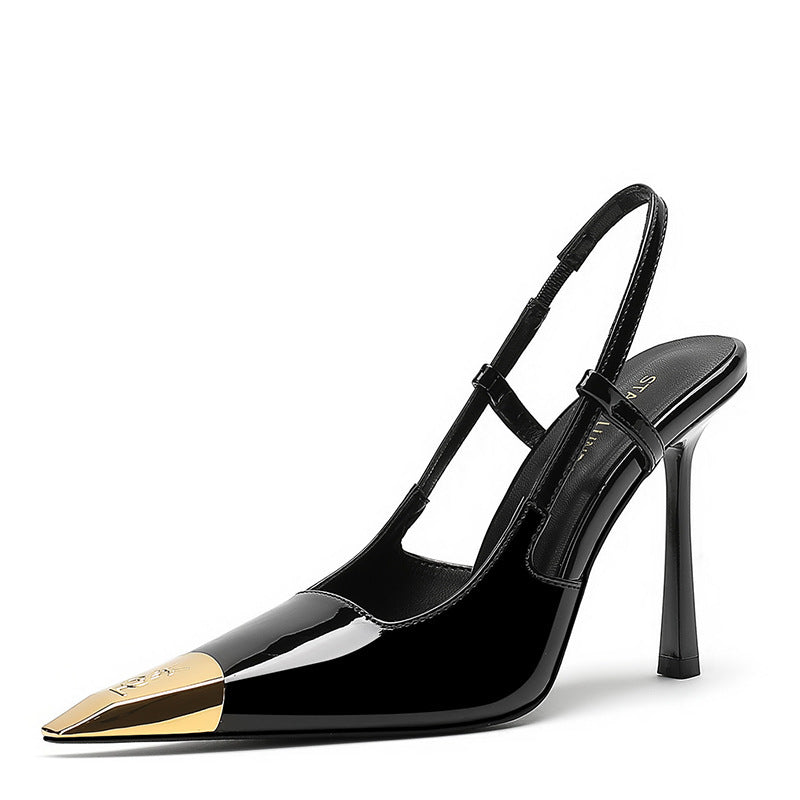 Metal small square toe sexy back hollow fashion sandals women's black patent leather stiletto iron toe high heels elegantflats
