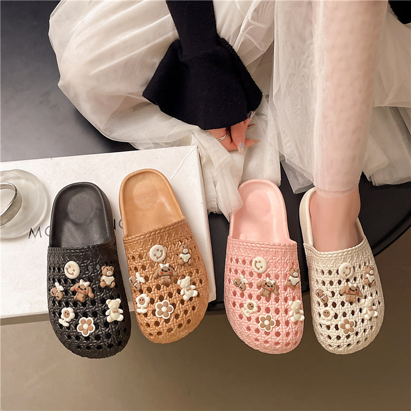 Cut out half-pack slippers for women 2026new arrivaloutwearfashion crocs soft bottom half-pack cartoon bear sandals and slippers for women