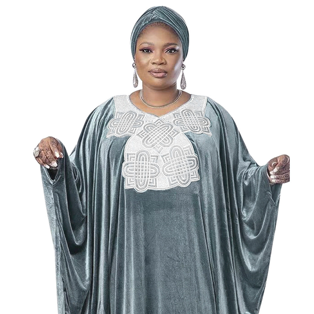 Solid color batwing sleeve velvet embroidered v-neck robe dress - cross-border sourcing, women's clothing,  new arrivals, african sourcing