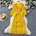 European and american style high-end flared sleeve dress - women's autumn raw edge 3d floral tie-waist midi dress - mature & chic
