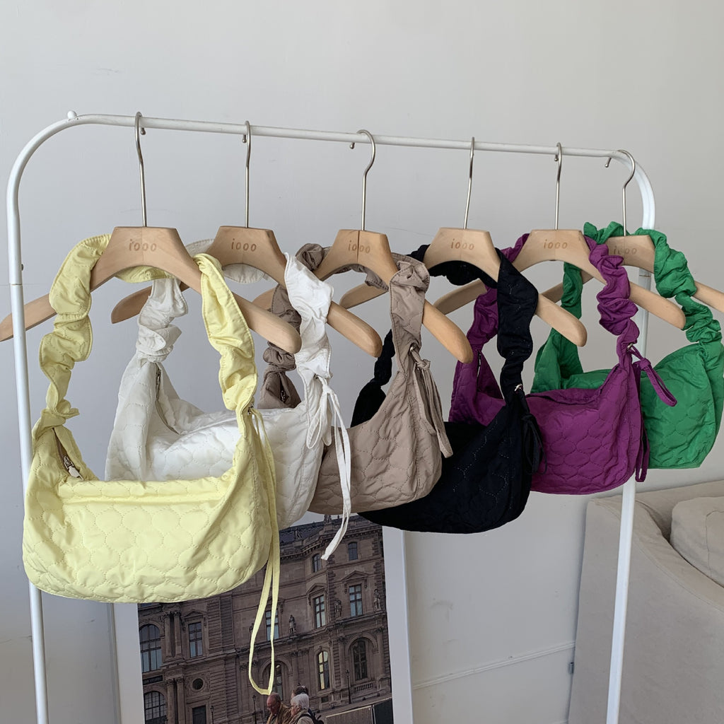 Bag new Korean version single shoulder bag embroidered lattice dumpling bag oblique span bag pleated drawstring small fresh temperament versatile women's bag