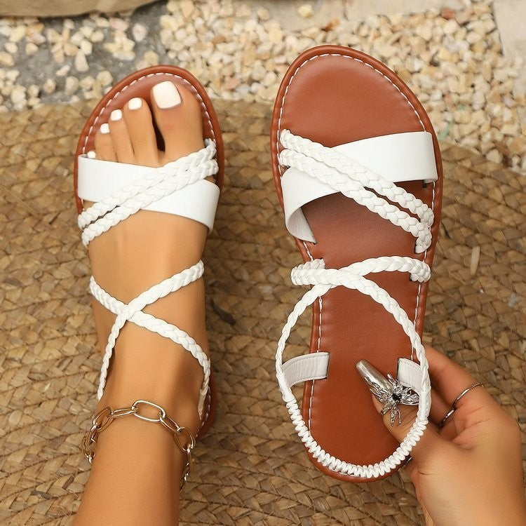 Exportplus size25summernew arrival woven open toe flats sandals women's fashionoutwear elastic band beach sandals