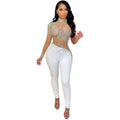 X5336 cross-border new product european and american fashion nightclub women's see-through mesh milk silk stitching hot diamond one-shoulder jumpsuit