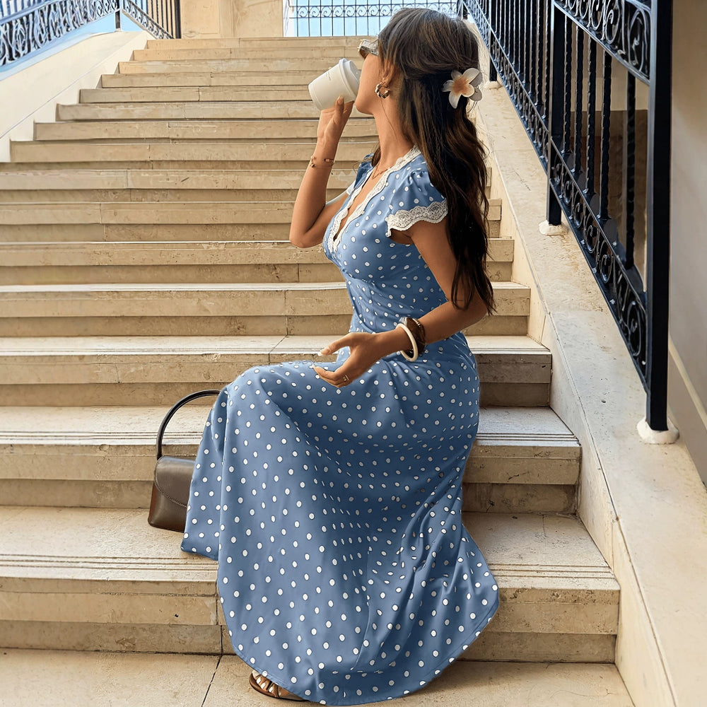 cross-border fashionexportfrenchretro polka dot printingv necklacepatchwork longdress