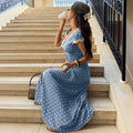 cross-border fashionexportfrenchretro polka dot printingv necklacepatchwork longdress