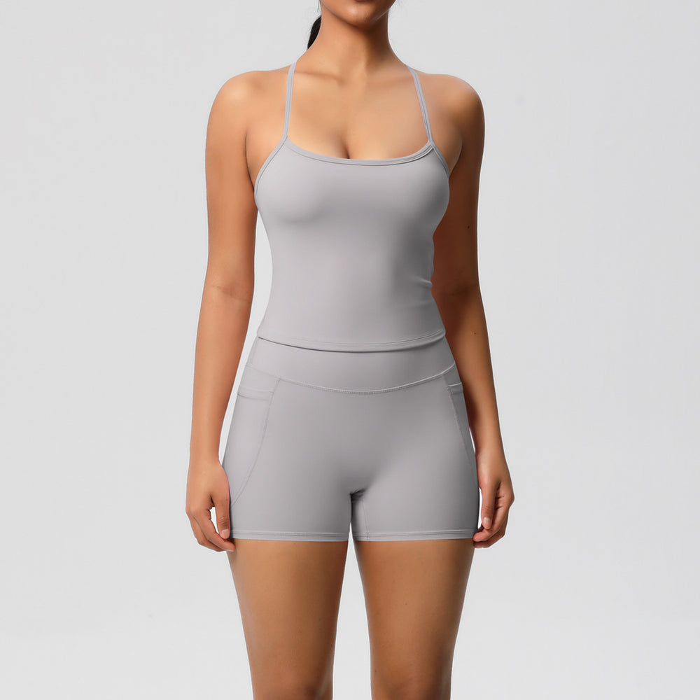 European and american style solid color cloud-feel yoga pants with pockets and breathable sports bra two-piece set for fitness and yoga