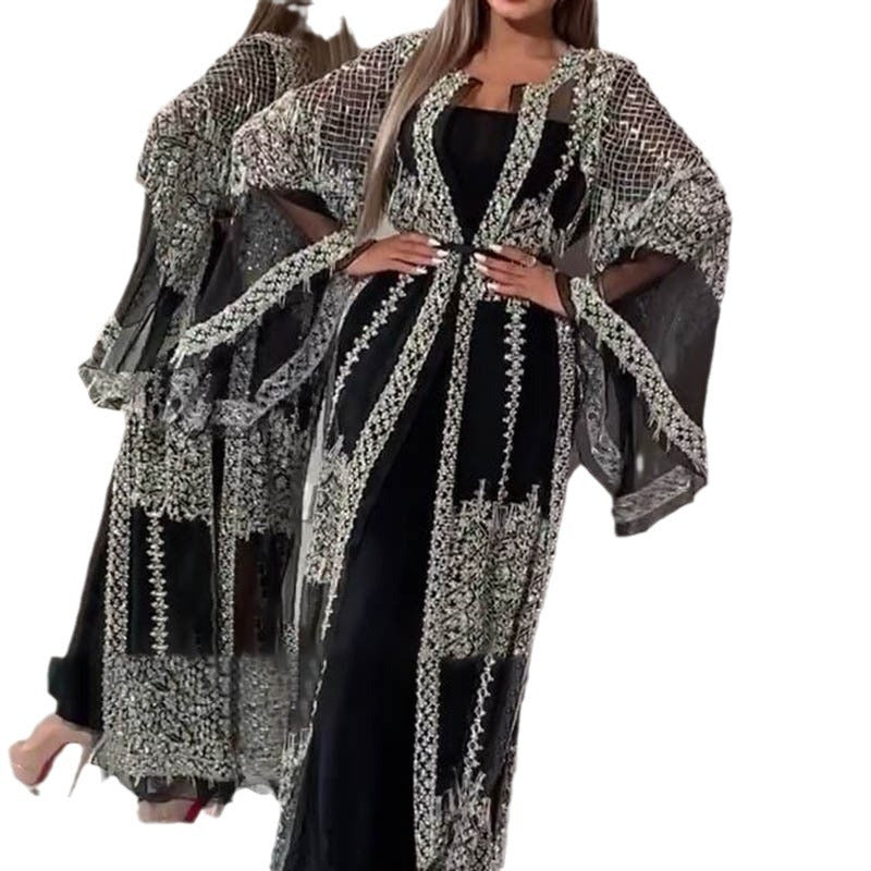 new cross-border fashion women's hot stamping flared dress sexy maxi dress shawl banquet evening gown