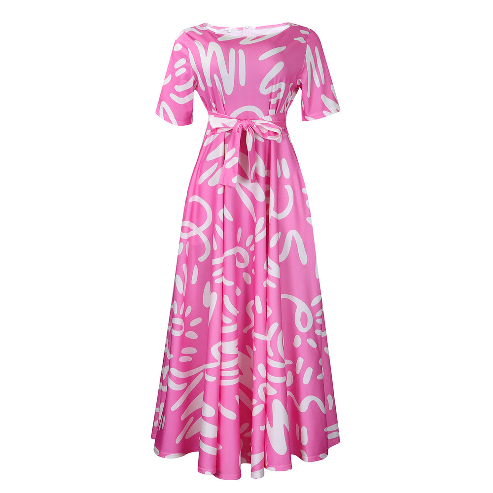 Q125 summer new fashion cross-border  elegant women's tie-up printed plus size european and american style dress