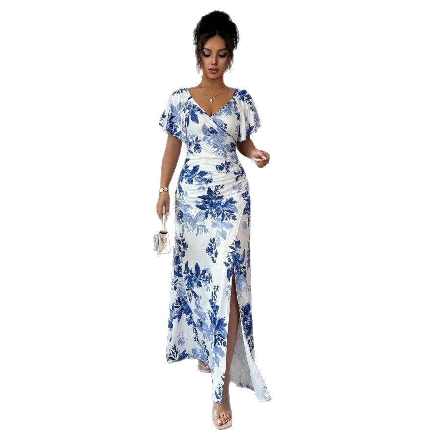 european and american cross-border summer v-neck floral print elegant maxi dress