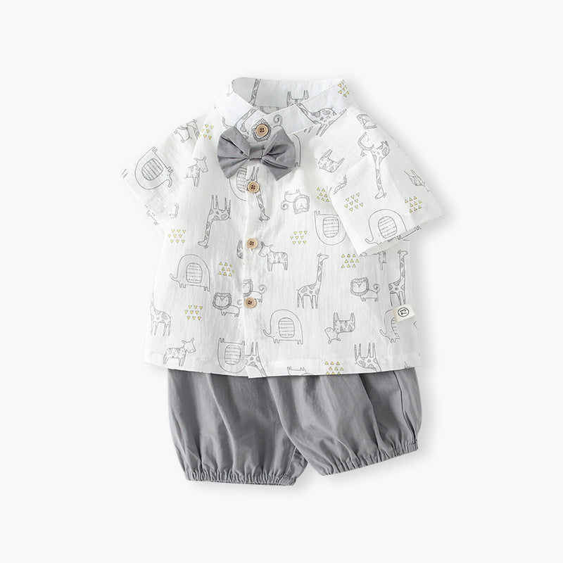 Baby summer outfit set: trendy cartoon animal print shirt & cute casual pants - korean style two-piece set for boys