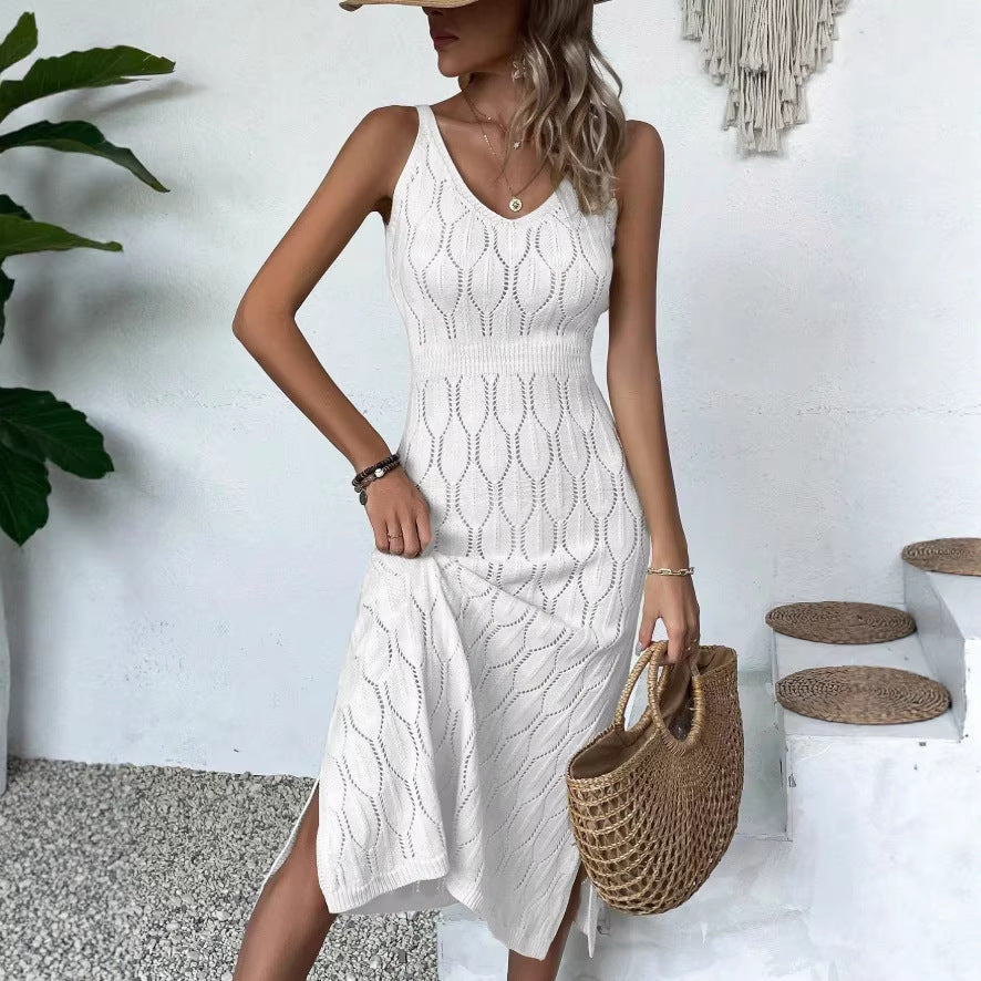 spring/summer new european and american style sexy hollow-out see-through vacation solid color backless knitted camisole maxi dress for women