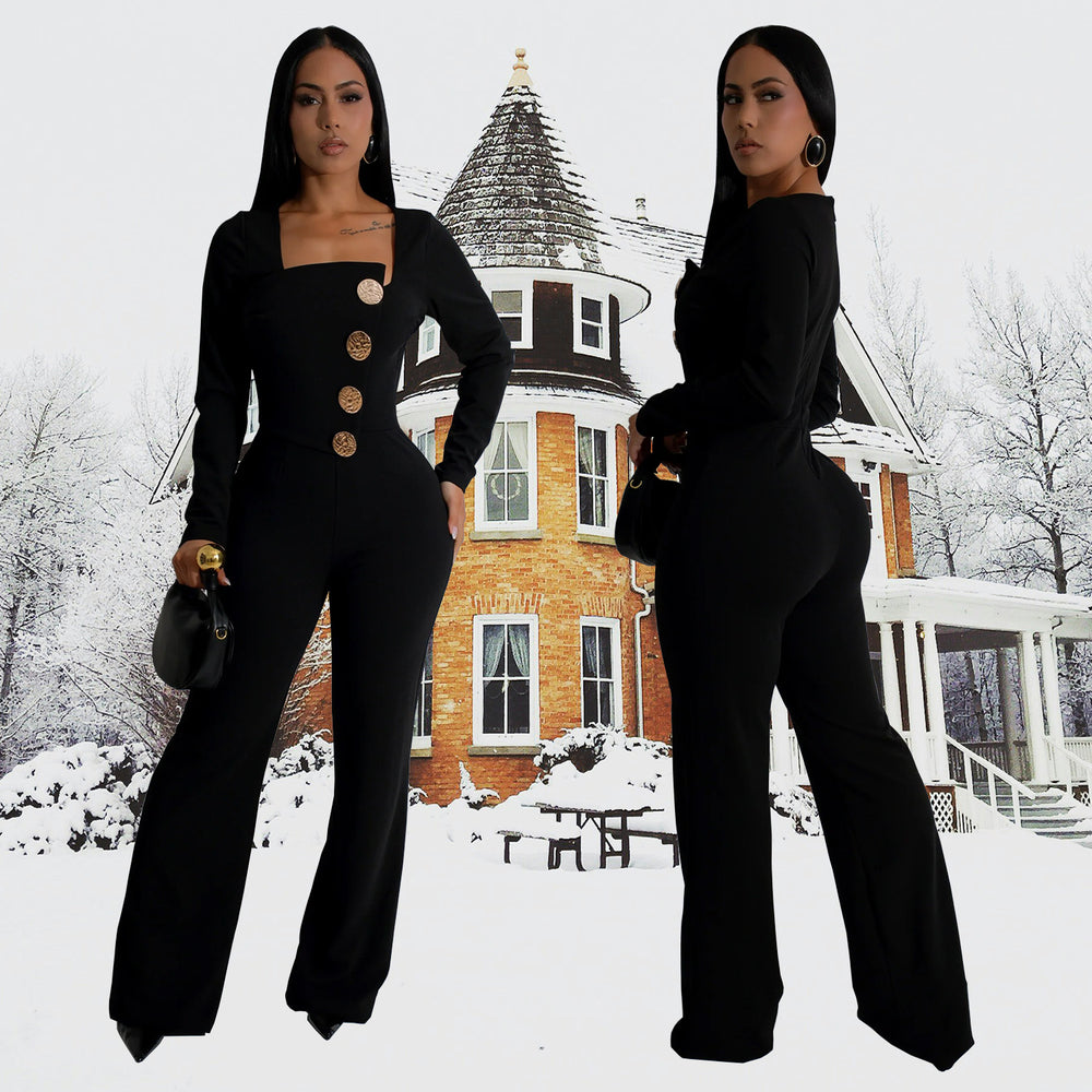 C7201 cross-border   fashion women's long-sleeve arm-hugging pants slim-fit solid color jumpsuit