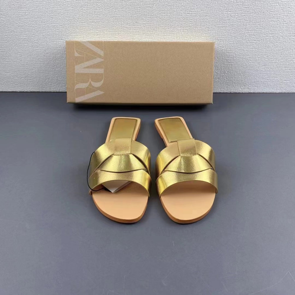 Za2024summernew arrival women's shoes flats cow leather sandals one strap sandals open toe back empty beach shoes outwear