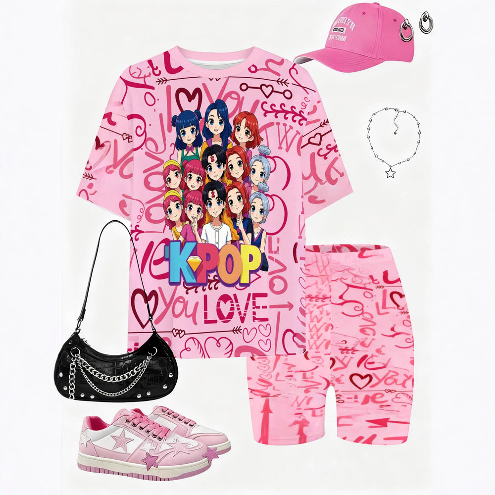 Girls' t-shirt and shorts set featuring a cartoon short-sleeve design and printed graphics, perfect for a cute and casual streetwear look
