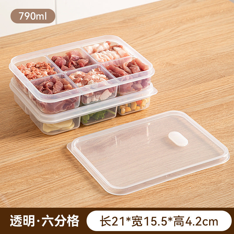 Sealed grid kitchen food storage box transparent food grade vegetable frozen meat sub-packaging refrigerator fresh storage box