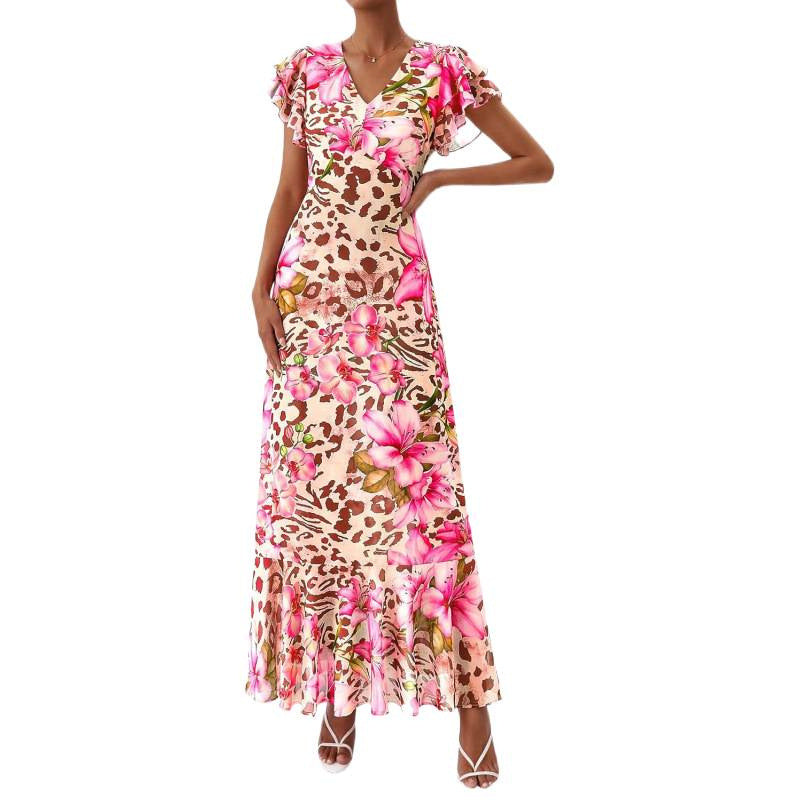 Summer floral maxi dress  spring short sleeve ruffle v-neck flowy bohemian beach vacation sundress