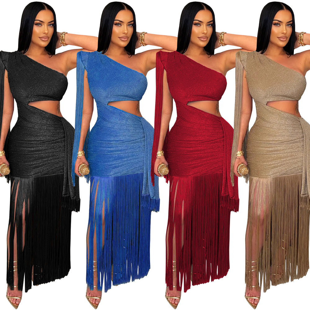 C7428 cross-border   fashion women's sexy casual one-shoulder tassel maxi dress