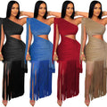 C7428 cross-border   fashion women's sexy casual one-shoulder tassel maxi dress