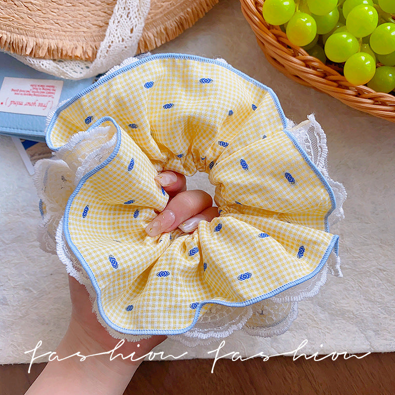 Large yellow floral plaid large intestine hair tie for women 2026new arrival ball hair rope forest style sweet ponytail hair rope