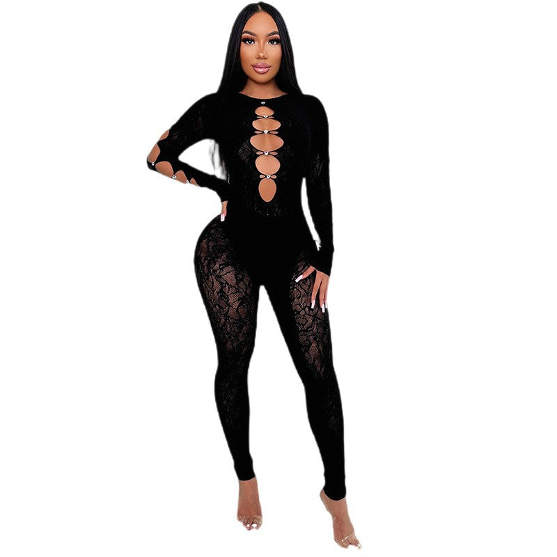 2025 European and American winter new solid color round neck high density lace integrated knitted slim sexy nail drill jumpsuit