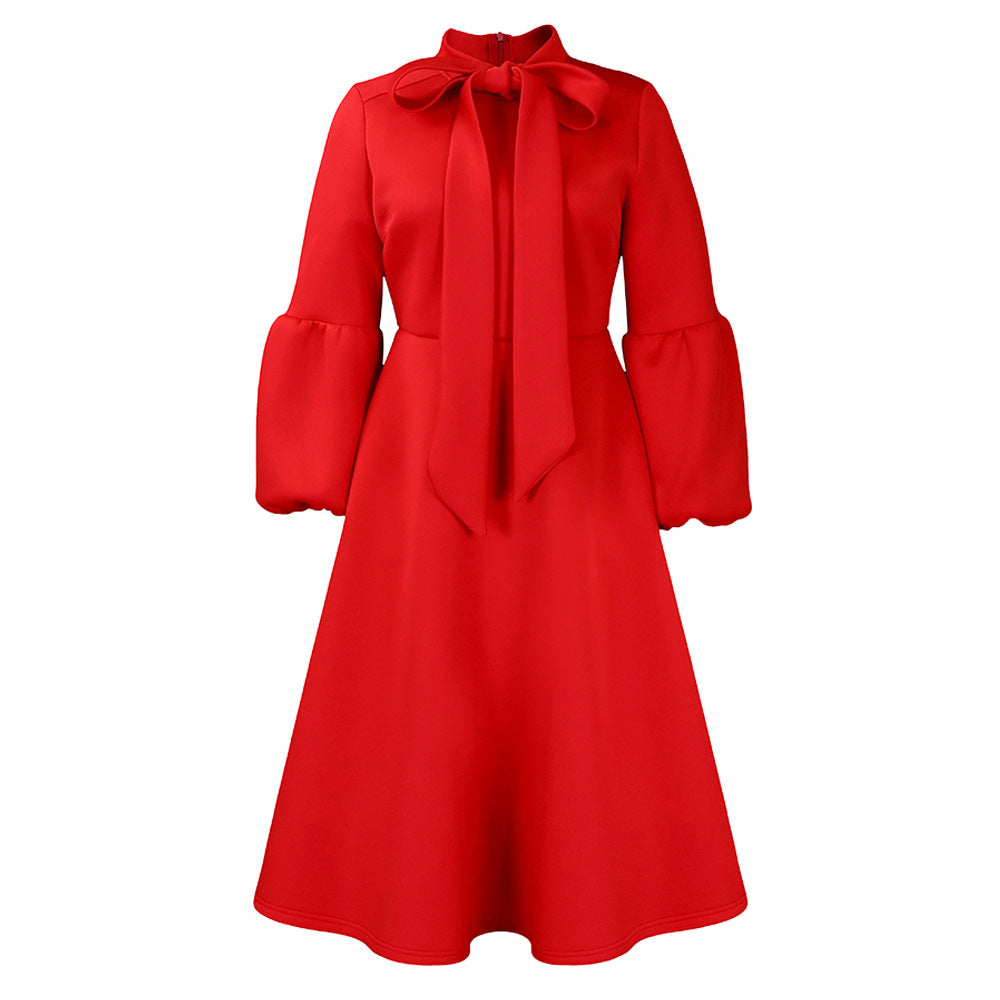 Plus size women's winter puff sleeve tie-waist bow detail maxi dress - european & american style evening gown for export independent stores