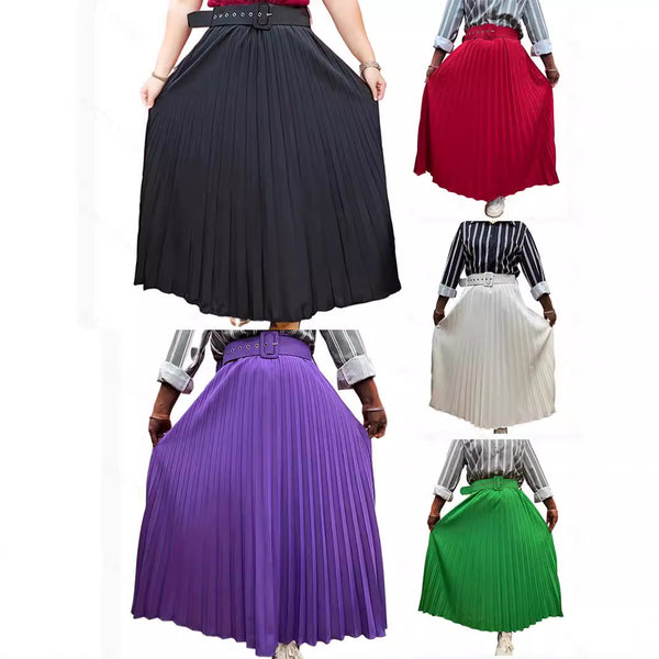 Europe, America,    new elegant solid color fashion belt design long skirt pleated skirt women's skirt