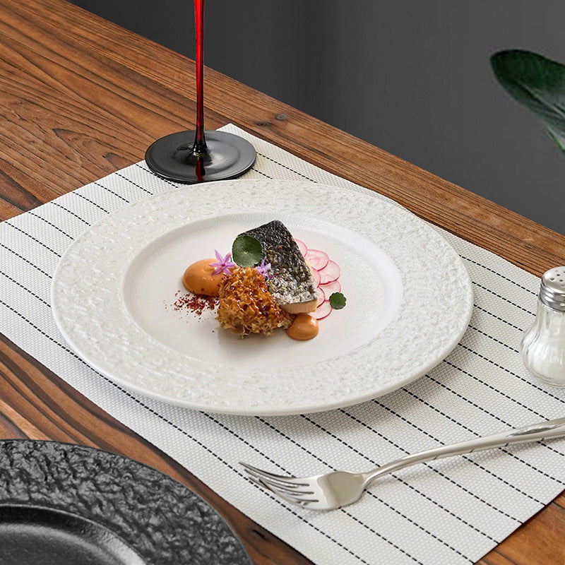 European-style embossed ceramic dinner plate - restaurant & hotel high-end rock texture steak flat plate - minimalist dessert presentation