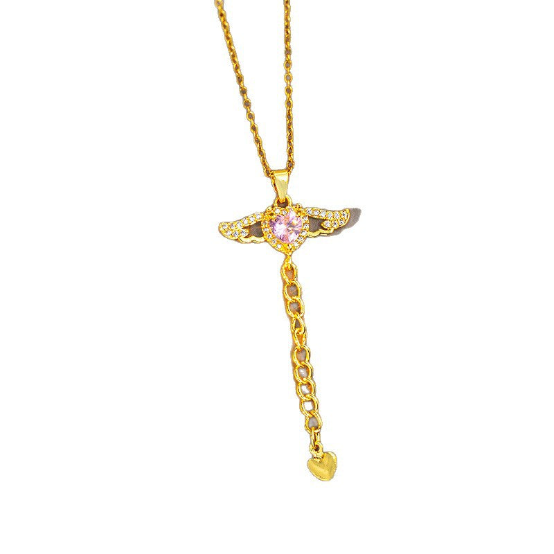 Hot-selling cupid angel wing tassel heart titanium steel necklace - premium, lightweight luxury, unique design, zircon-embellished sweater chain jewelry