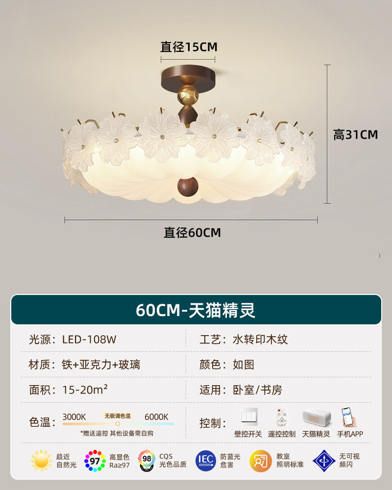 French retro embossed glass flower round ceiling light - walnut wood, soft light, cream style - perfect for kids' rooms and bedrooms