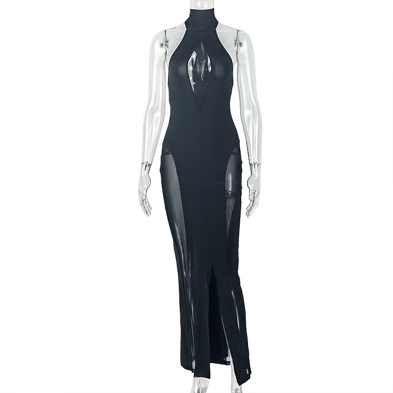Fashion style cross-border pure colorbackless women's halter neck slit design hip skirt high collar sexy silm long dress