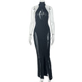Fashion style cross-border pure colorbackless women's halter neck slit design hip skirt high collar sexy silm long dress
