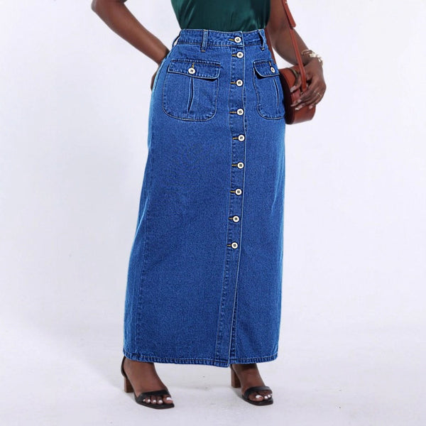 TC010126 #European and American   Women's Breasted Pocket Medium Long Skirt Straight Medium Blue Denim Skirt