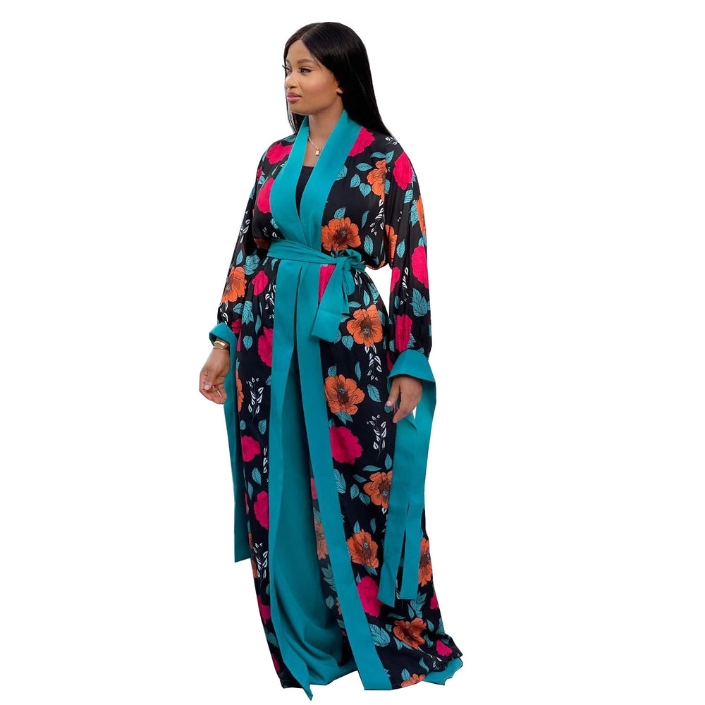 African-inspired digital print slim-fit long shawl robe with solid color knit wide-leg trousers - special offer