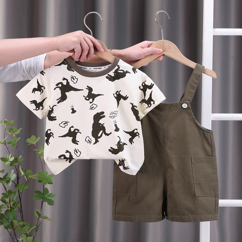 Kids' overalls set - boys' summer short-sleeve outfit: all-over dinosaur print crewneck tee + shorts 2-piece set
