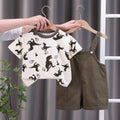 Kids' overalls set - boys' summer short-sleeve outfit: all-over dinosaur print crewneck tee + shorts 2-piece set