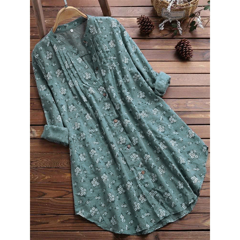women's new cotton linen floral print mid-length loose fit shirt