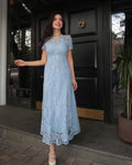 Elegant chanel-inspired, high-end, diamond-studded bow, short-sleeved, cinched-waist, openwork crochet lace dress, french-style maxi dress