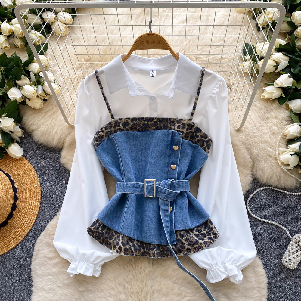 French retro leopard print two-piece set for women - spring/autumn, cinched waist, tie-up layered vest, high-end outfit