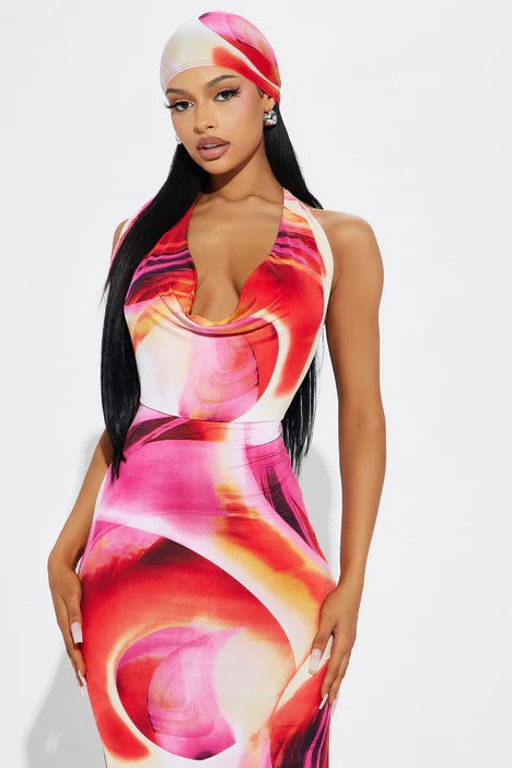 Amazon fashion cross-border women's summer  new sleeveless tie-back deep v sexy backless printed dress