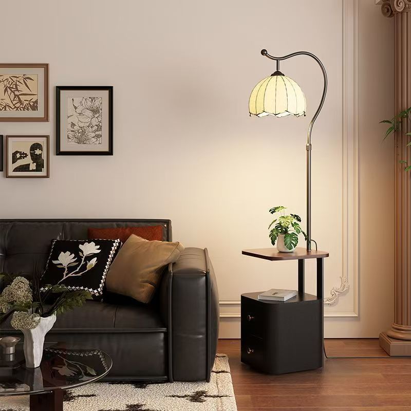 new french style bedside table - multifunctional solid wood nightstand with integrated floor lamp and storage shelf