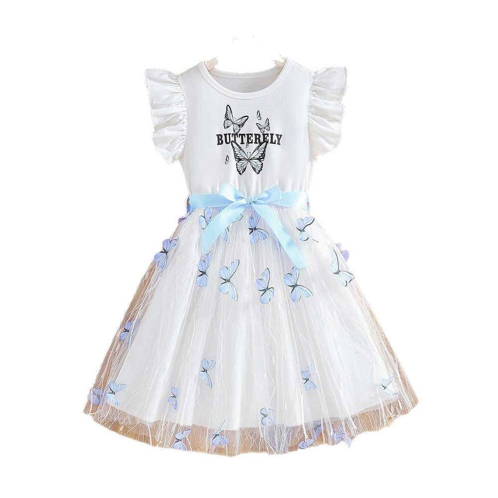 girls' summer dress with flutter sleeves, butterfly print, white and blue color block, and a flowy tulle skirt - princess style for kids