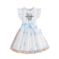 girls' summer dress with flutter sleeves, butterfly print, white and blue color block, and a flowy tulle skirt - princess style for kids