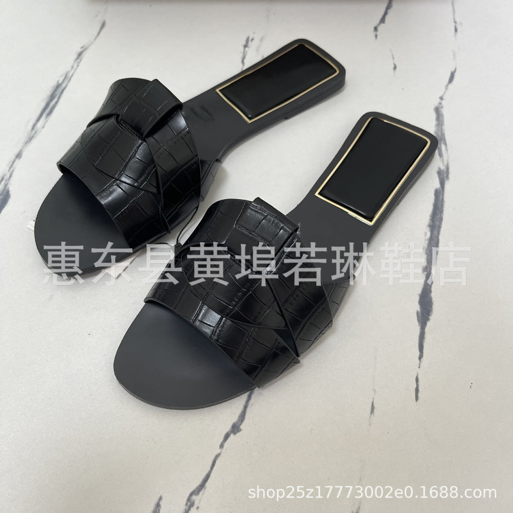 Za 2023 spring new women's square toe criss-cross flat sandals - minimalist, versatile, outdoor slides for women