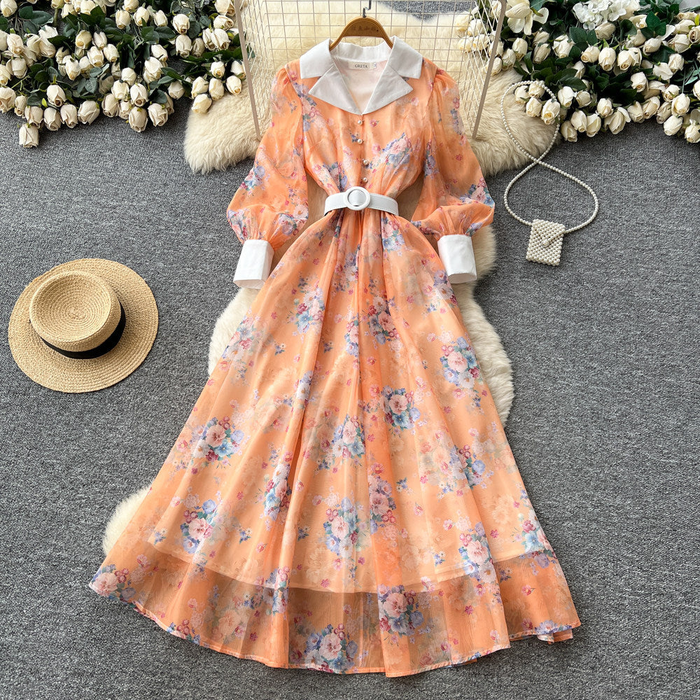French romantic v-neck lantern sleeve printed dress - women's slim-fit, waist-defining, a-line maxi dress
