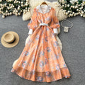 French romantic v-neck lantern sleeve printed dress - women's slim-fit, waist-defining, a-line maxi dress